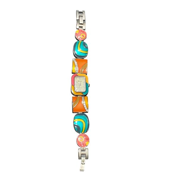 Geneva Womens Stainless Steel Back Watch With Colorful Enamel Face & Rhinestone - Picture 5 of 15